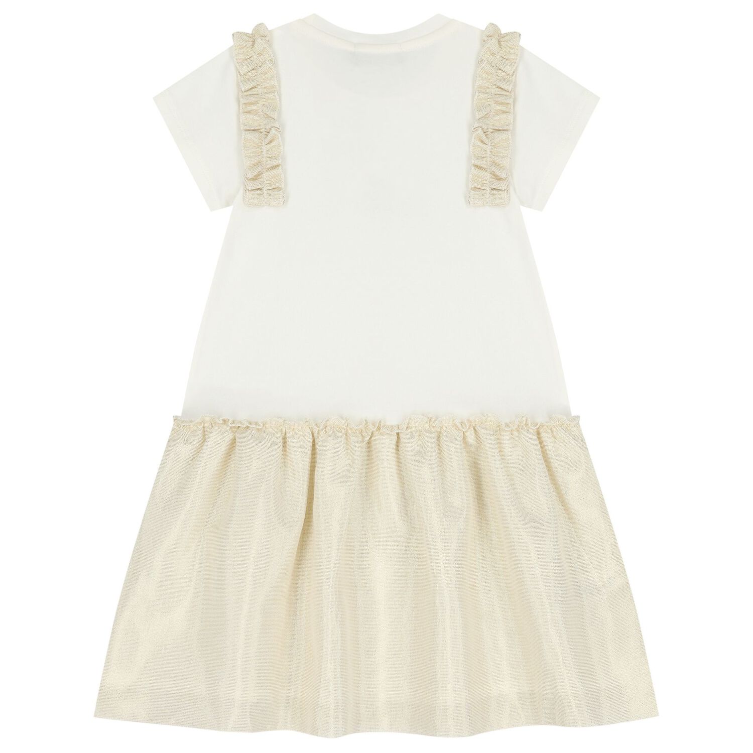 Girls Ivory & Gold Logo Dress, 1, hi-res