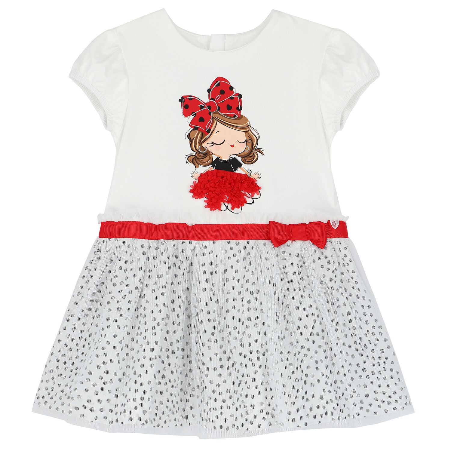 Younger Girls White Graphic Dress, 1, hi-res