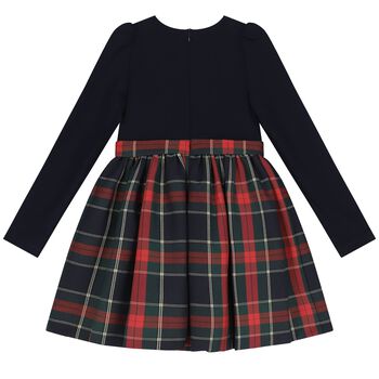 Girls Navy Blue & Red Tartan Dress