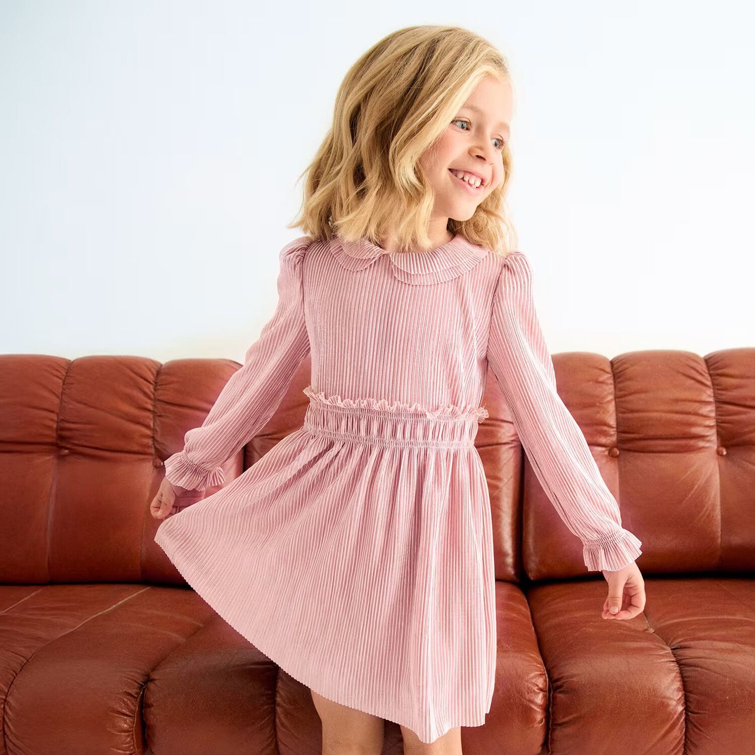 Girls Pink Ruffle Plissé Dress , 2, hi-res
