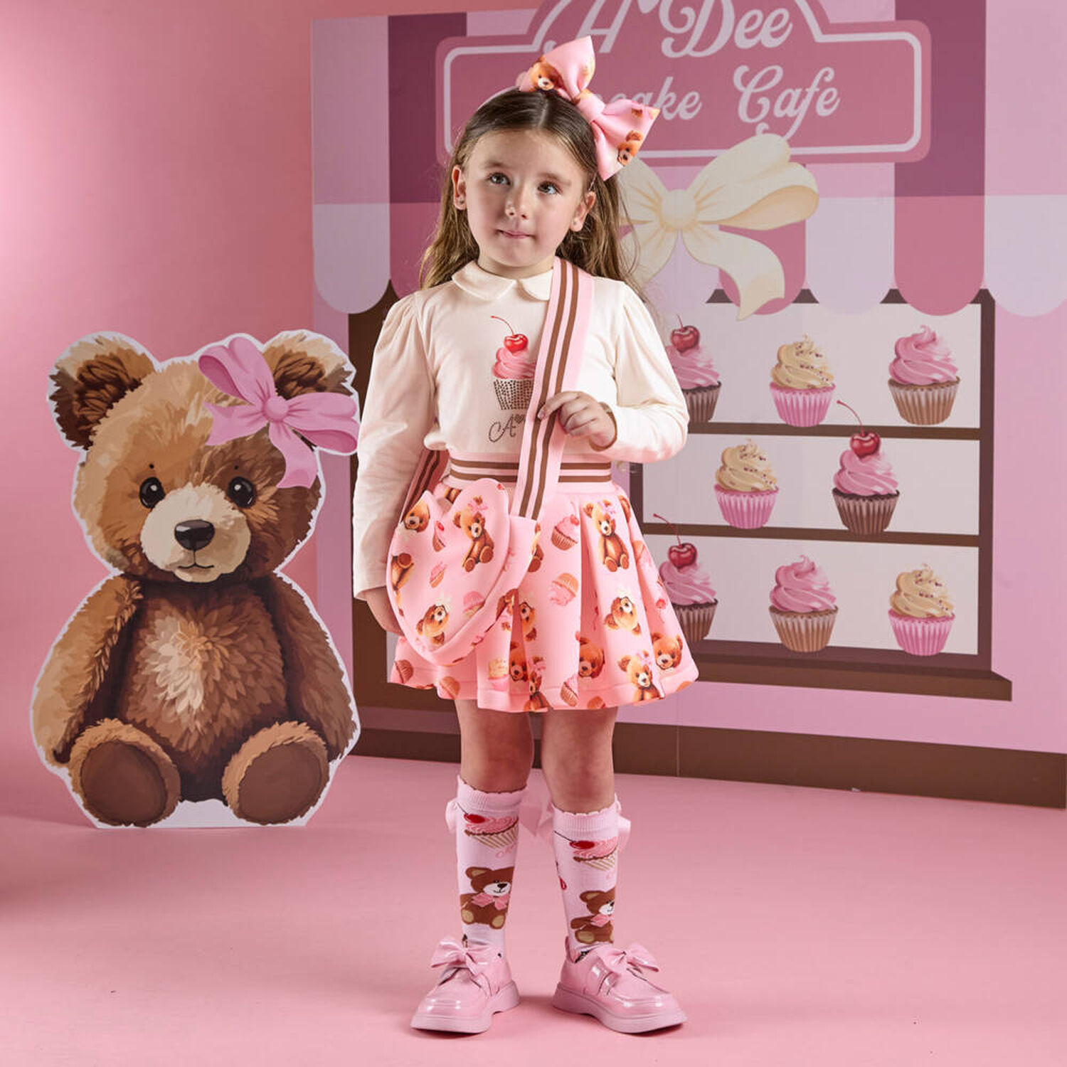 Girls Ivory & Pink Bear Skirt Set, 1, hi-res