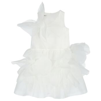 Girls White Organza 3D Floral Tiered Dress