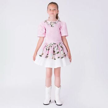 Girls Pink Floral Satin Skirt Set