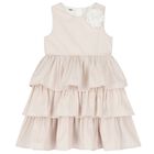 Girls White & Beige Striped Dress, 1, hi-res