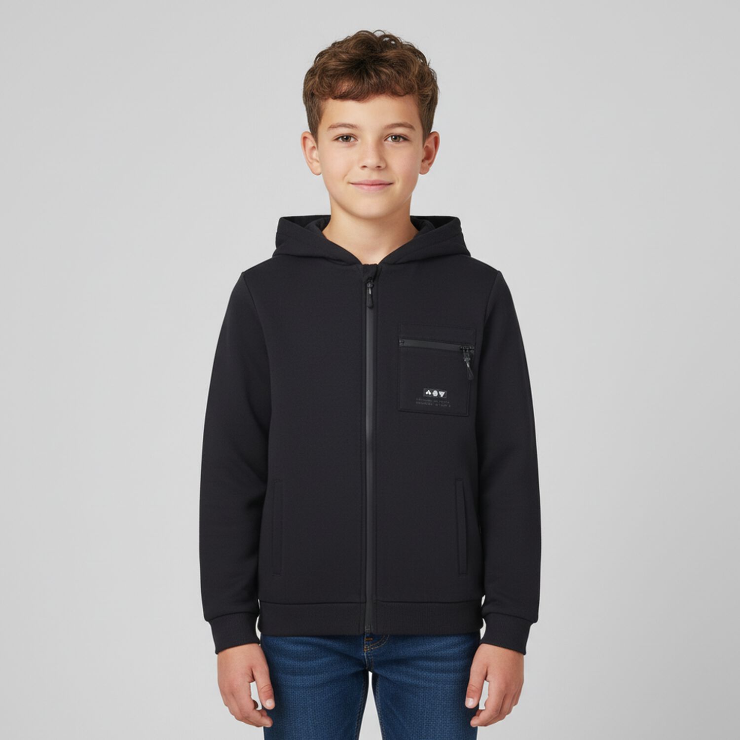 Boys Black Hooded Zip Up Top, 1, hi-res image number null