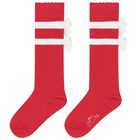 Girls Red & White Satin Bow Knee High Socks, 1, hi-res