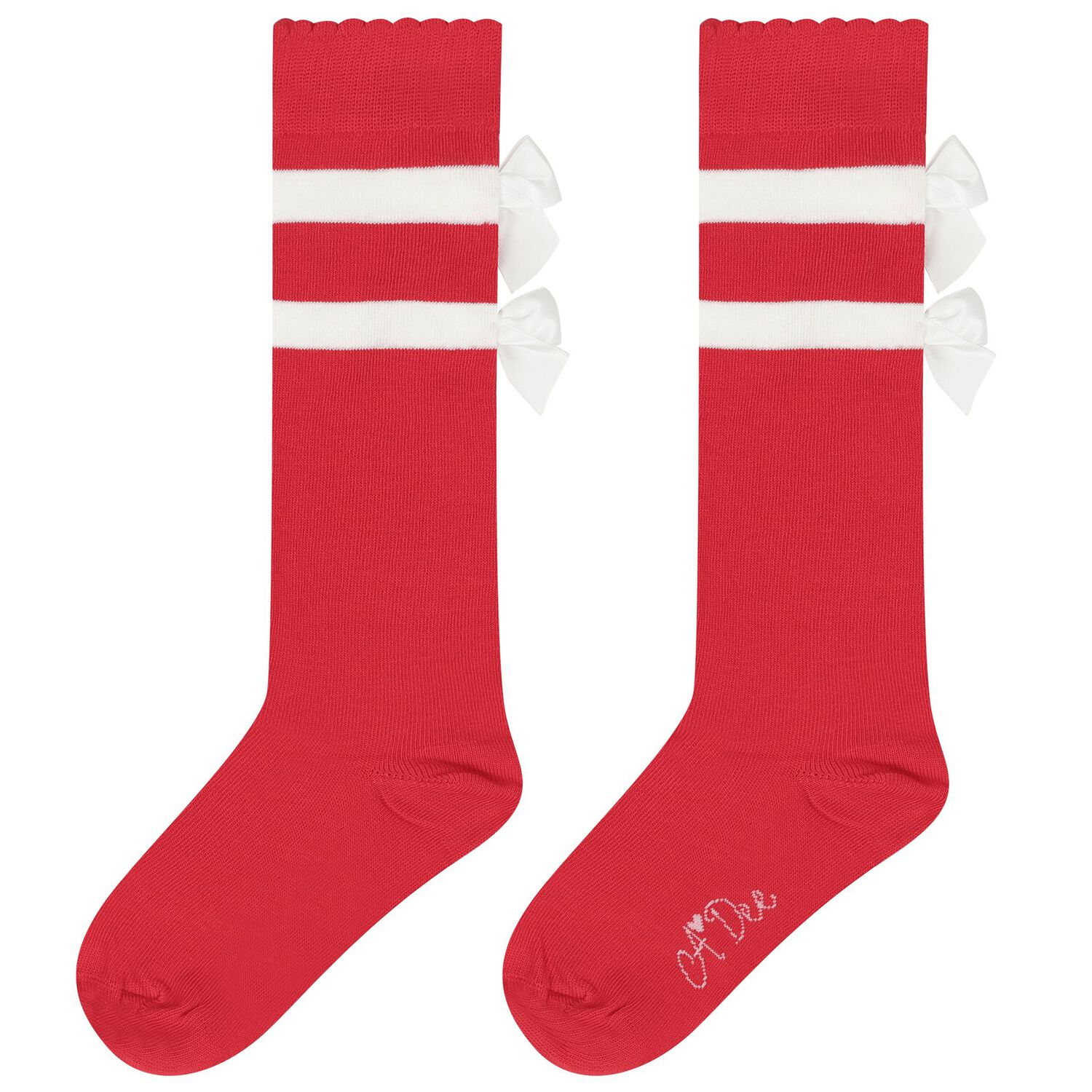 Girls Red & White Satin Bow Knee High Socks, 1, hi-res