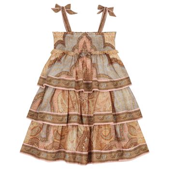 Girls Beige Paisley Tiered Ruffle Dress