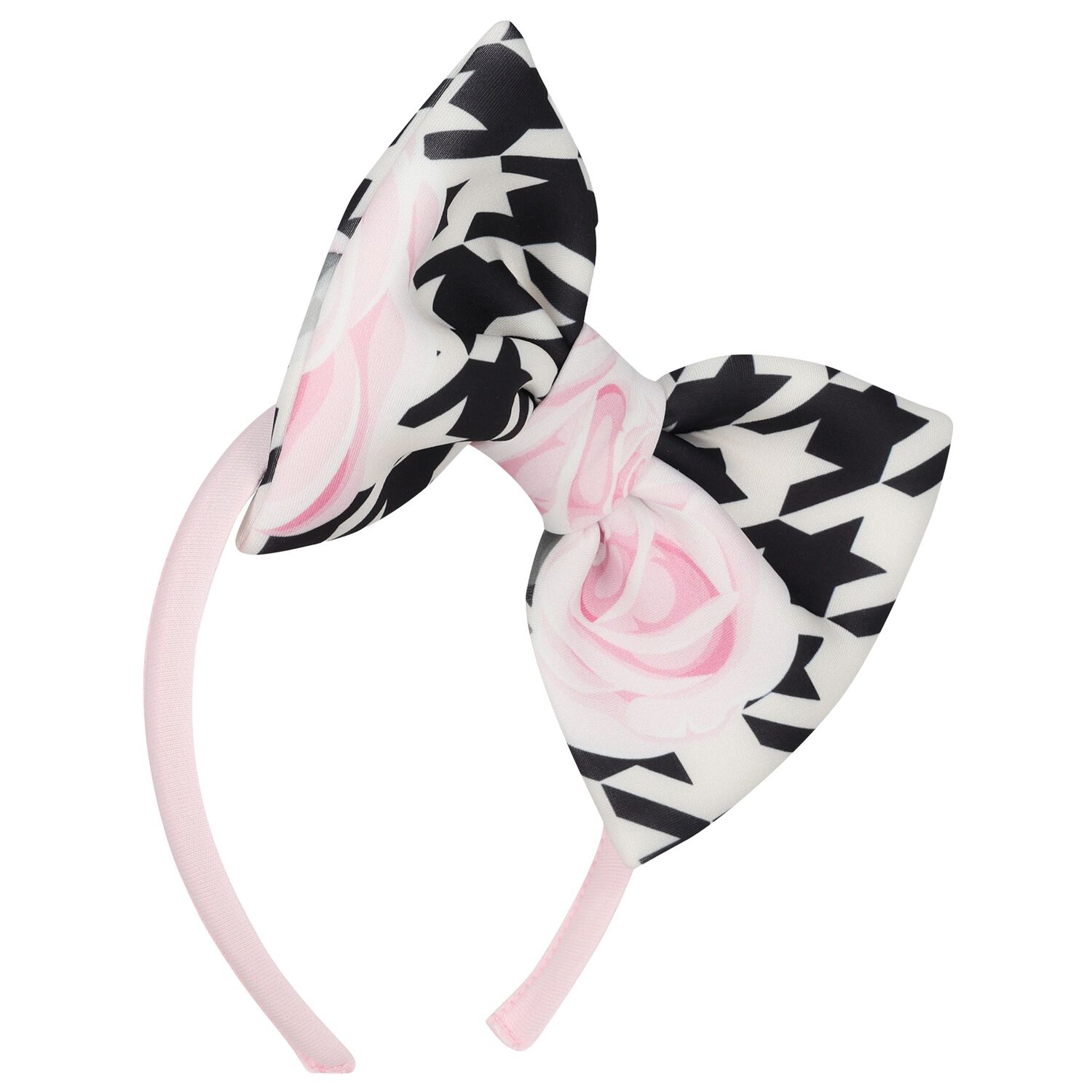 Girls Pink, Black & White Bow Houndstooth Headband, 1, hi-res
