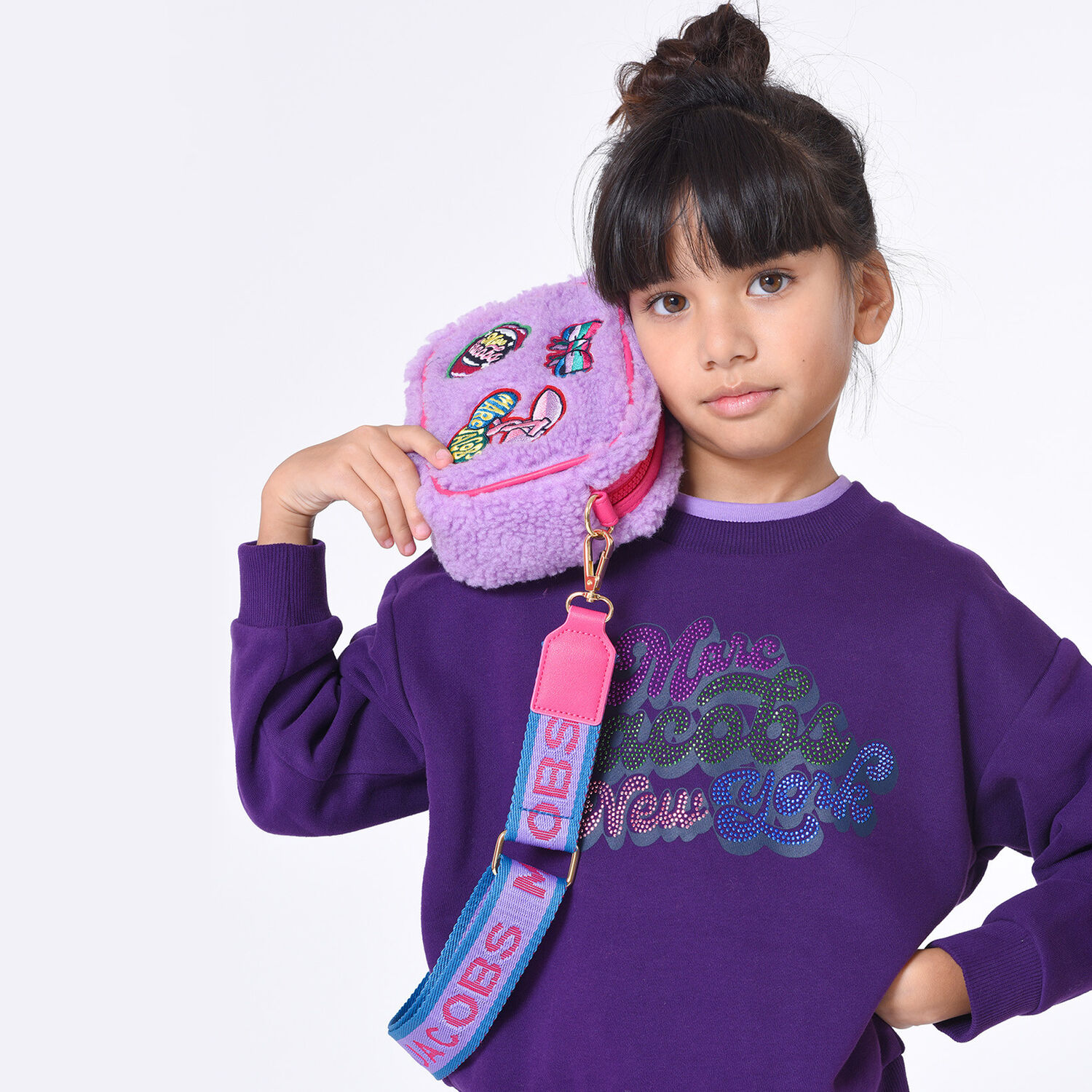 Girls Purple Logo Shearling Shoulder Bag, 1, hi-res