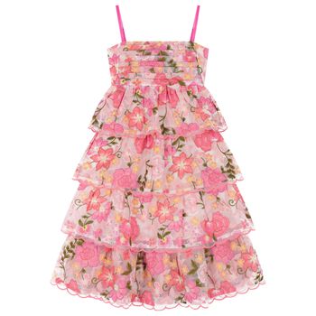 Girls Pink Floral Embroidered Organza Dress