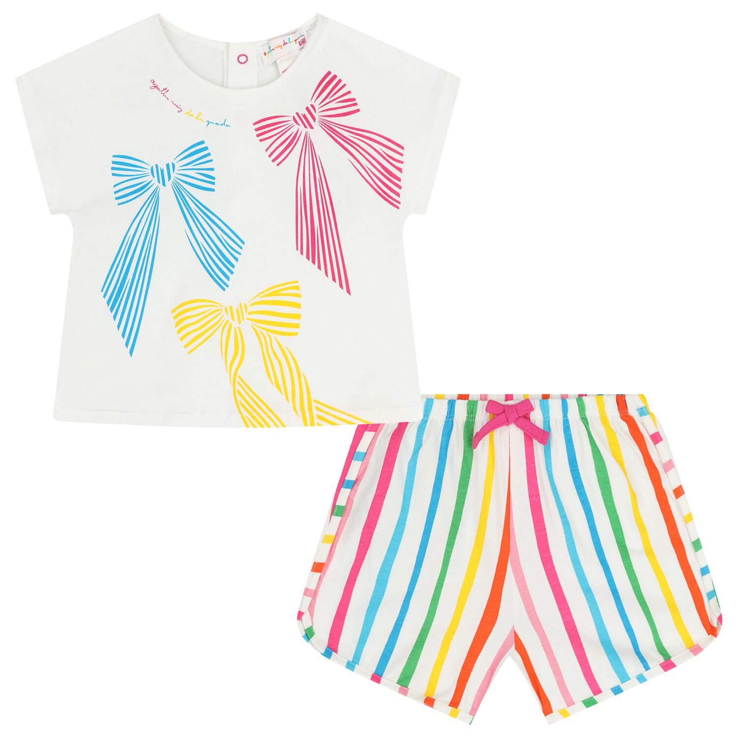 Girls White Bow Striped Shorts Set, 1, hi-res