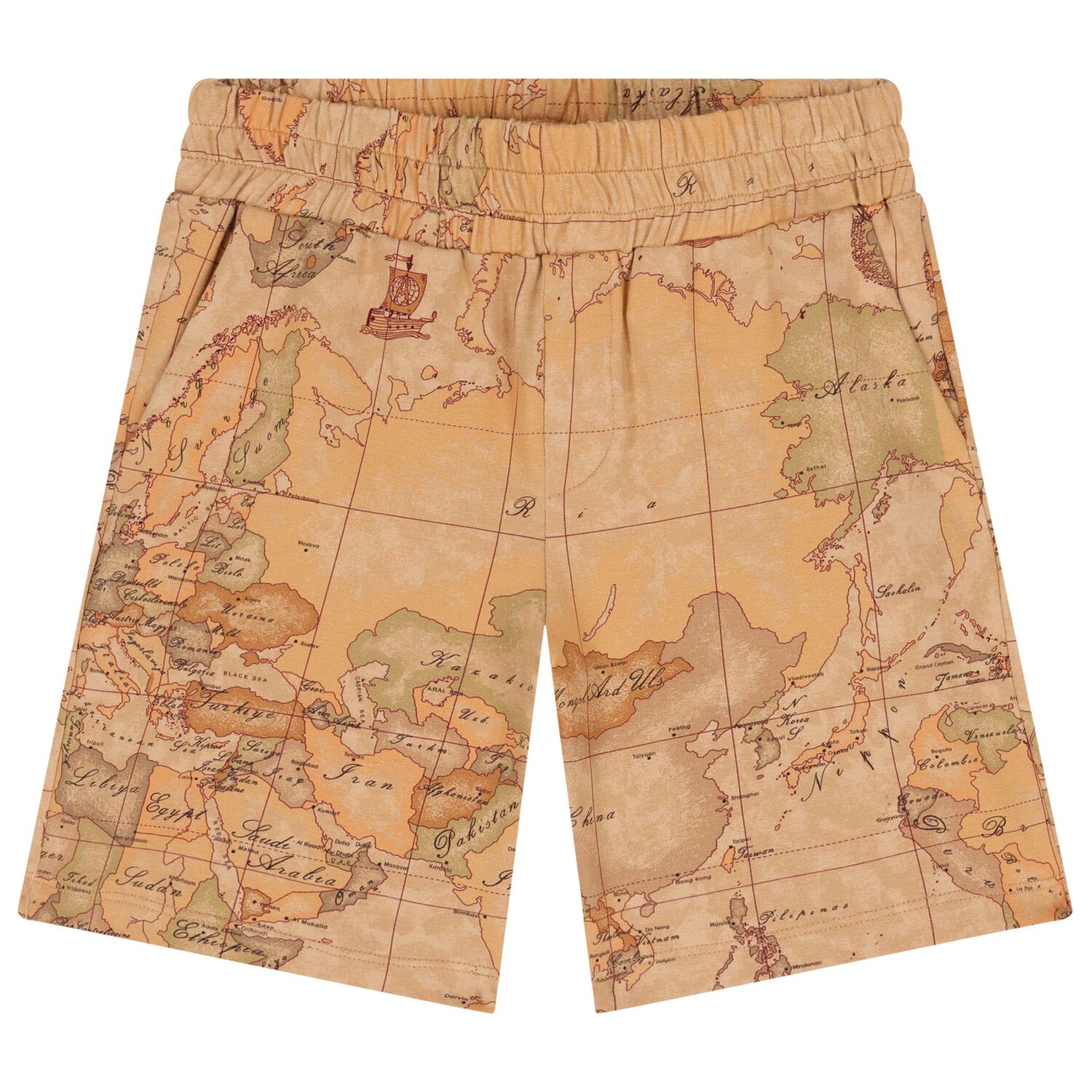 Boys White & Beige Geo Map Shorts Set, 1, hi-res