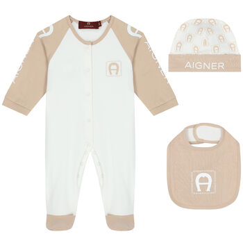 Baby Boys Beige & White Logo Babygrow Set