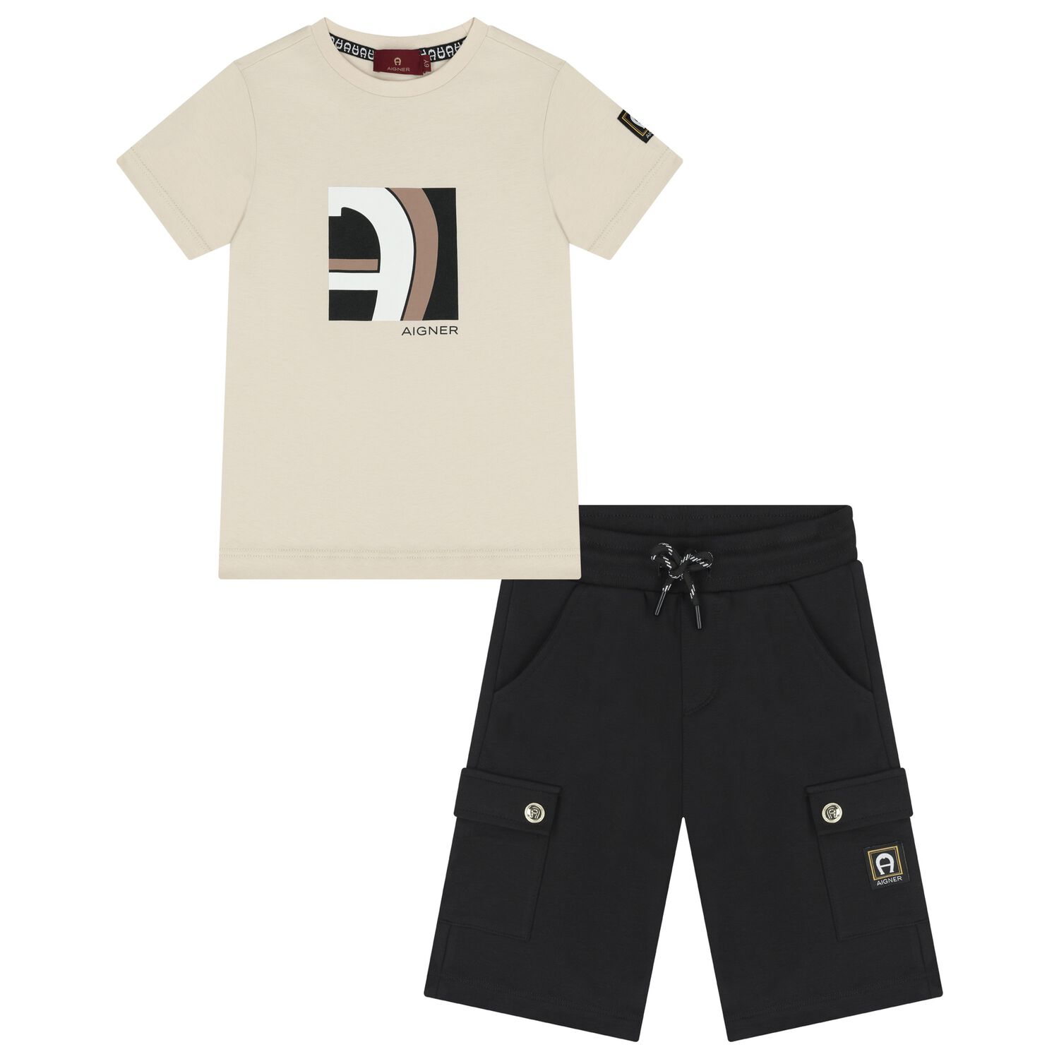 Boys Beige & Black Logo Shorts Set, 1, hi-res