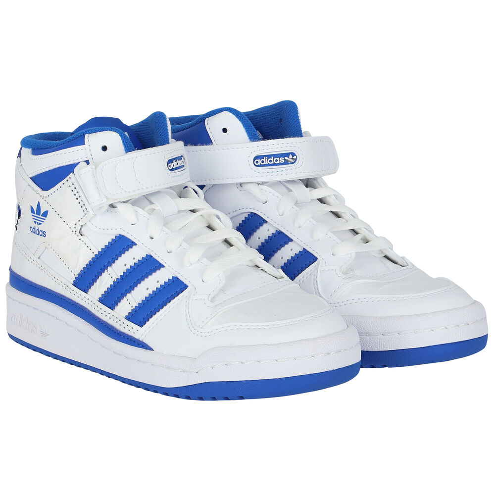 adidas Originals White & Blue Forum Mid J Trainers | Junior