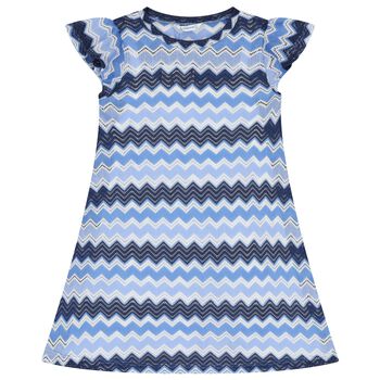 Girls Blue, Navy Blue & White Knitted Zigzag Dress