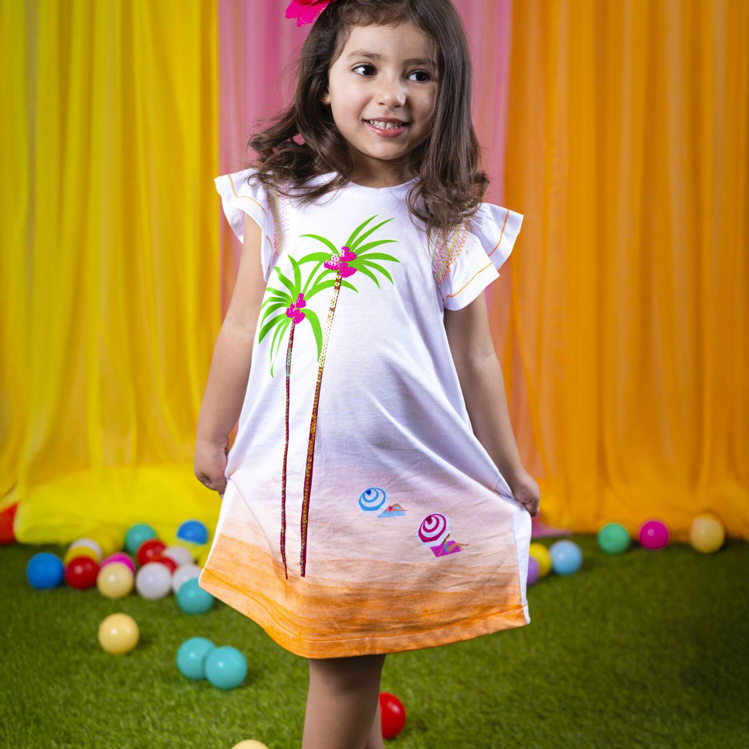 Girls White & Orange Palm Tree Dress, 1, hi-res