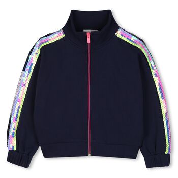 Girls Navy Blue Sequin Zip Up Top