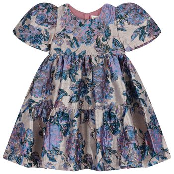 Girls Lilac & Blue Floral Jacquard Dress