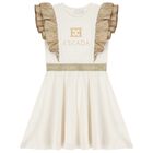 Girls Ivory & Gold Logo Ruffled Dress, 1, hi-res