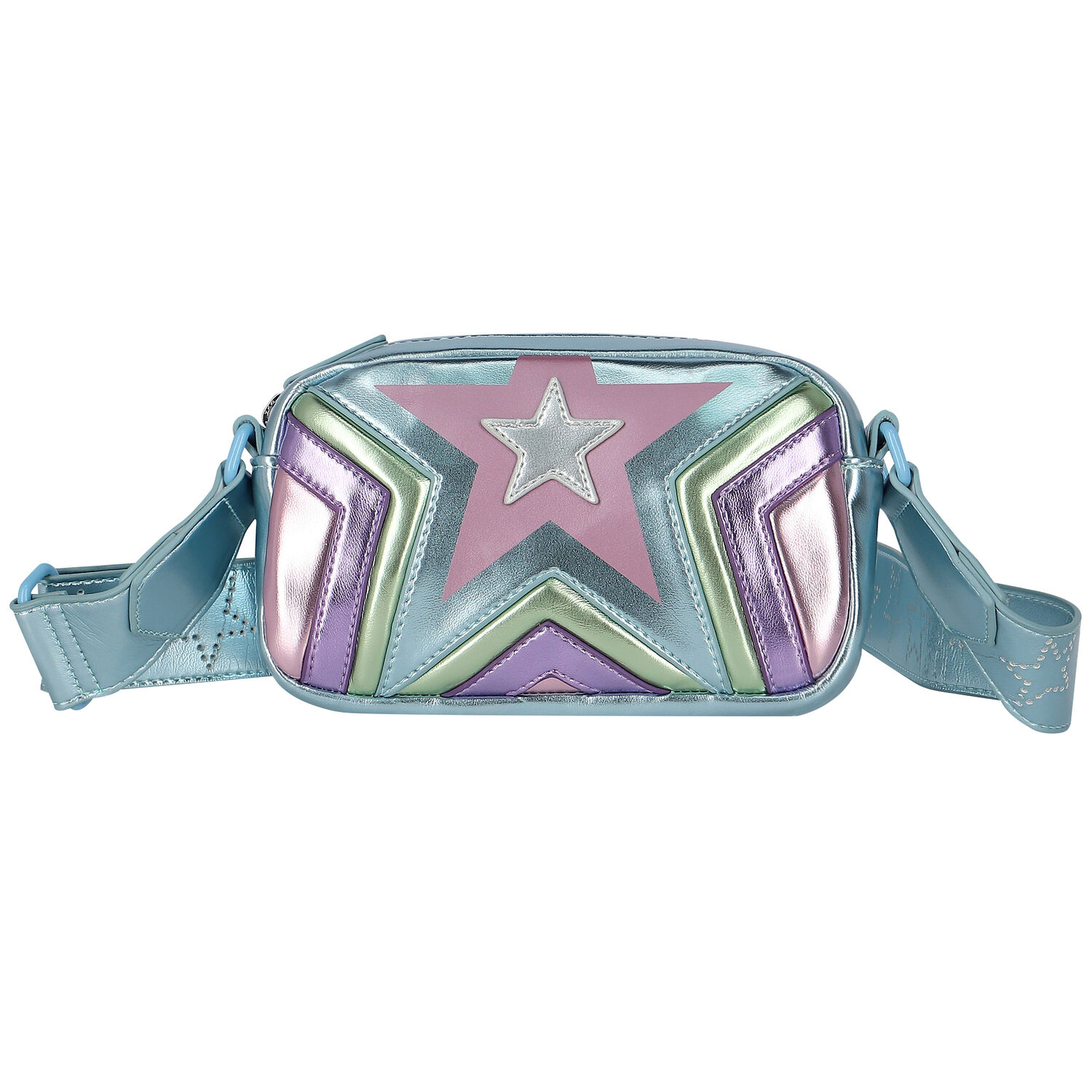 Girls Blue Metallic Faux Leather Bag, 1, hi-res