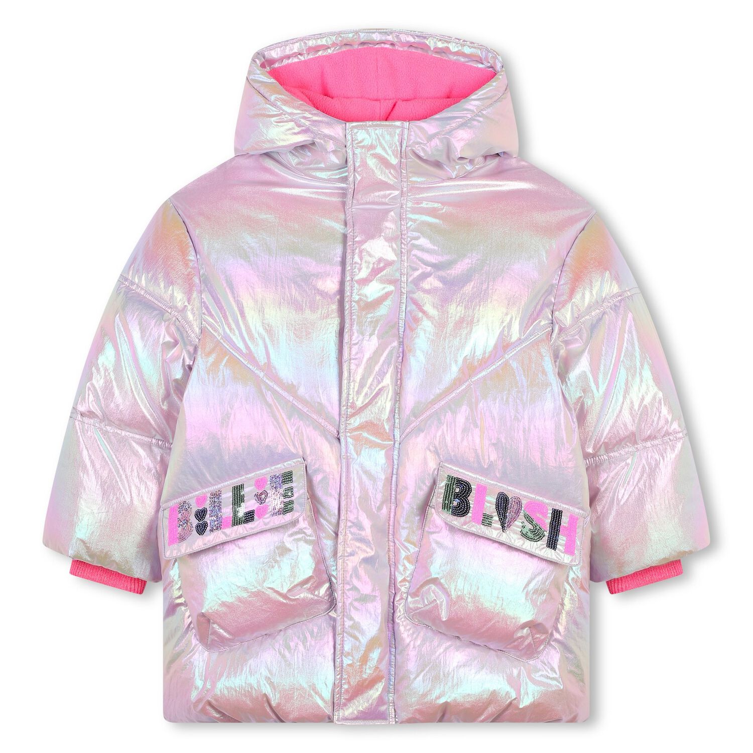 Girls Pink Logo Iridescent Puffer Jacket, 1, hi-res