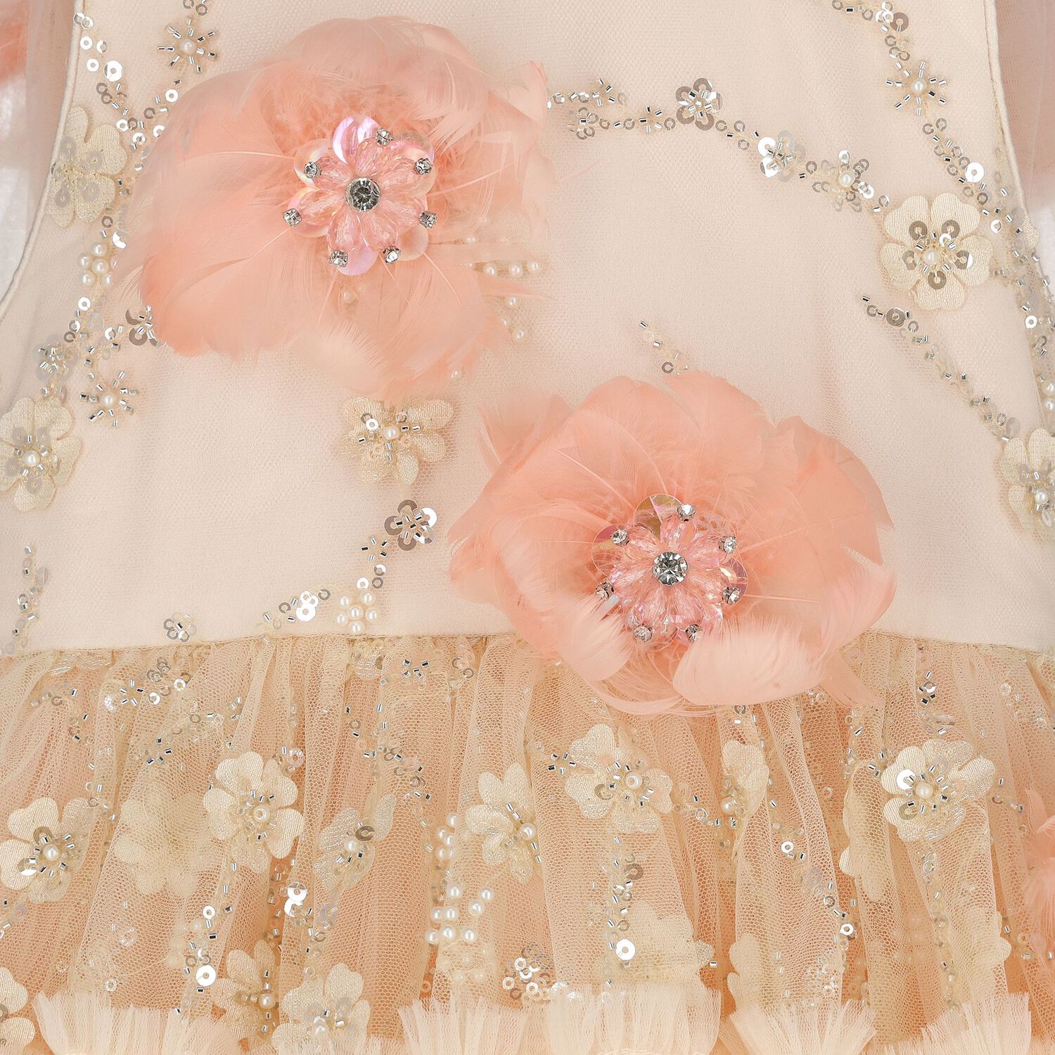 فستان تول وردي مزين بزهور ثلاثية الأبعاد للبنات, 1, hi-res