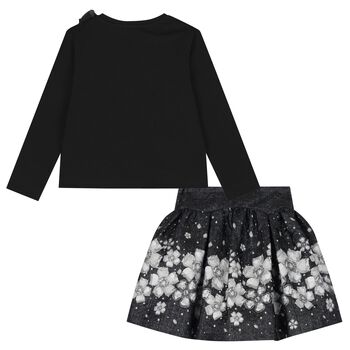 Girls Black Embellished Floral Skirt Set