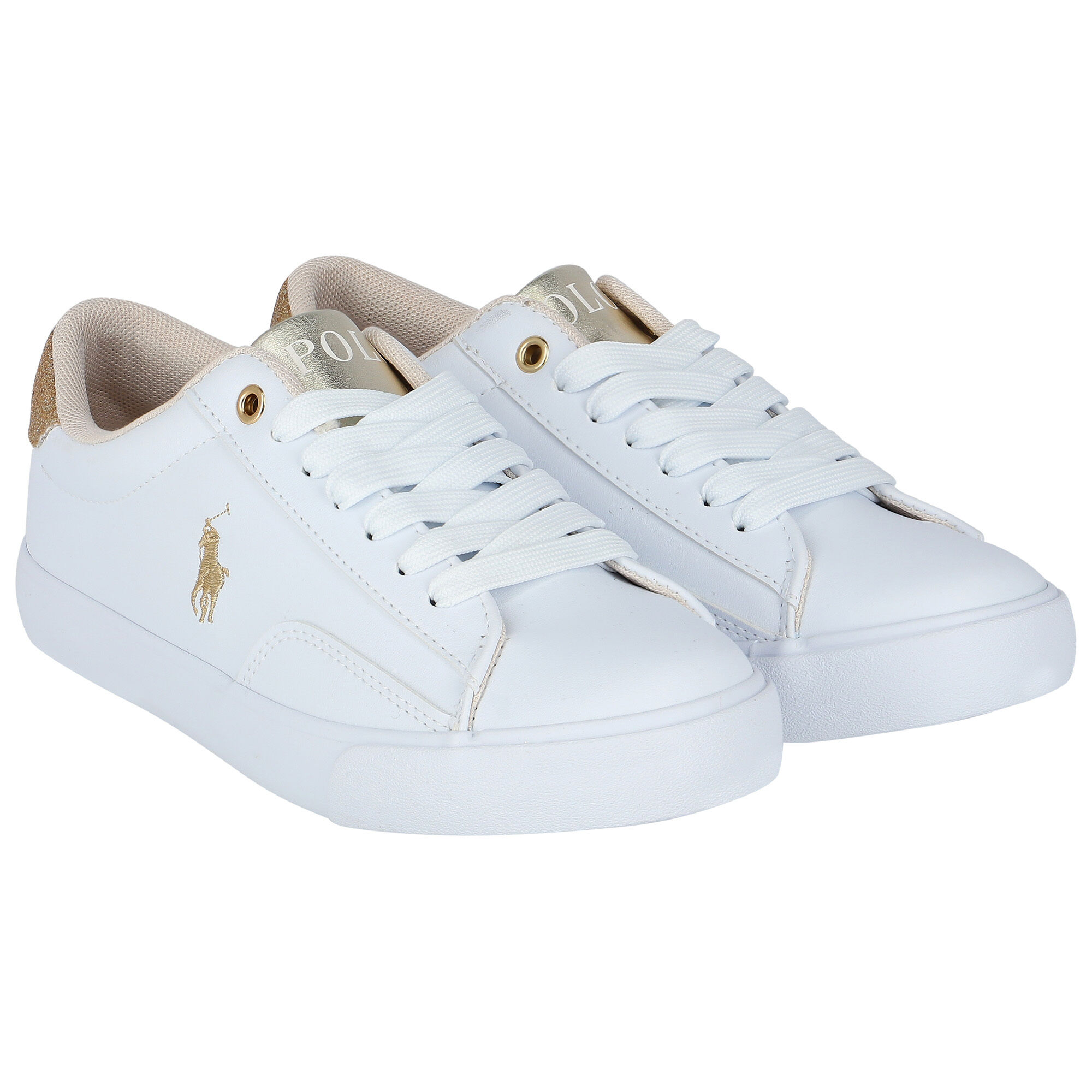 Ralph Lauren Girls White Gold Logo Trainers Junior Couture UAE