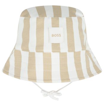 Baby Boys Beige & White Striped Logo Reversible Hat