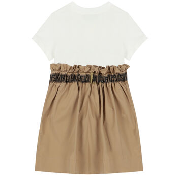 Girls Ivory & Beige Logo Dress