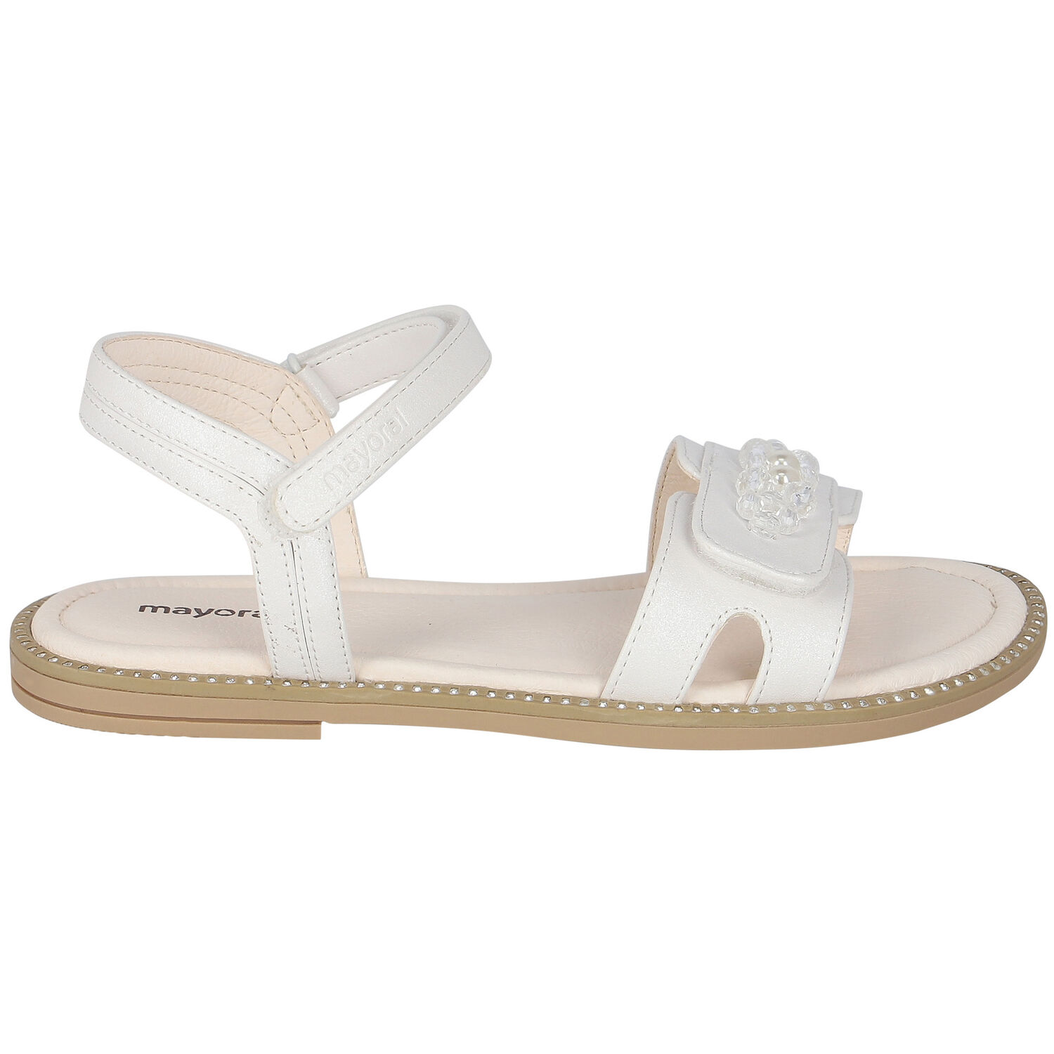 Girls White Crystal & Pearl Embellished Sandals, 1, hi-res