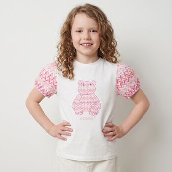 Younger Girls White & Pink Teddy Bear Zig Zag T-Shirt