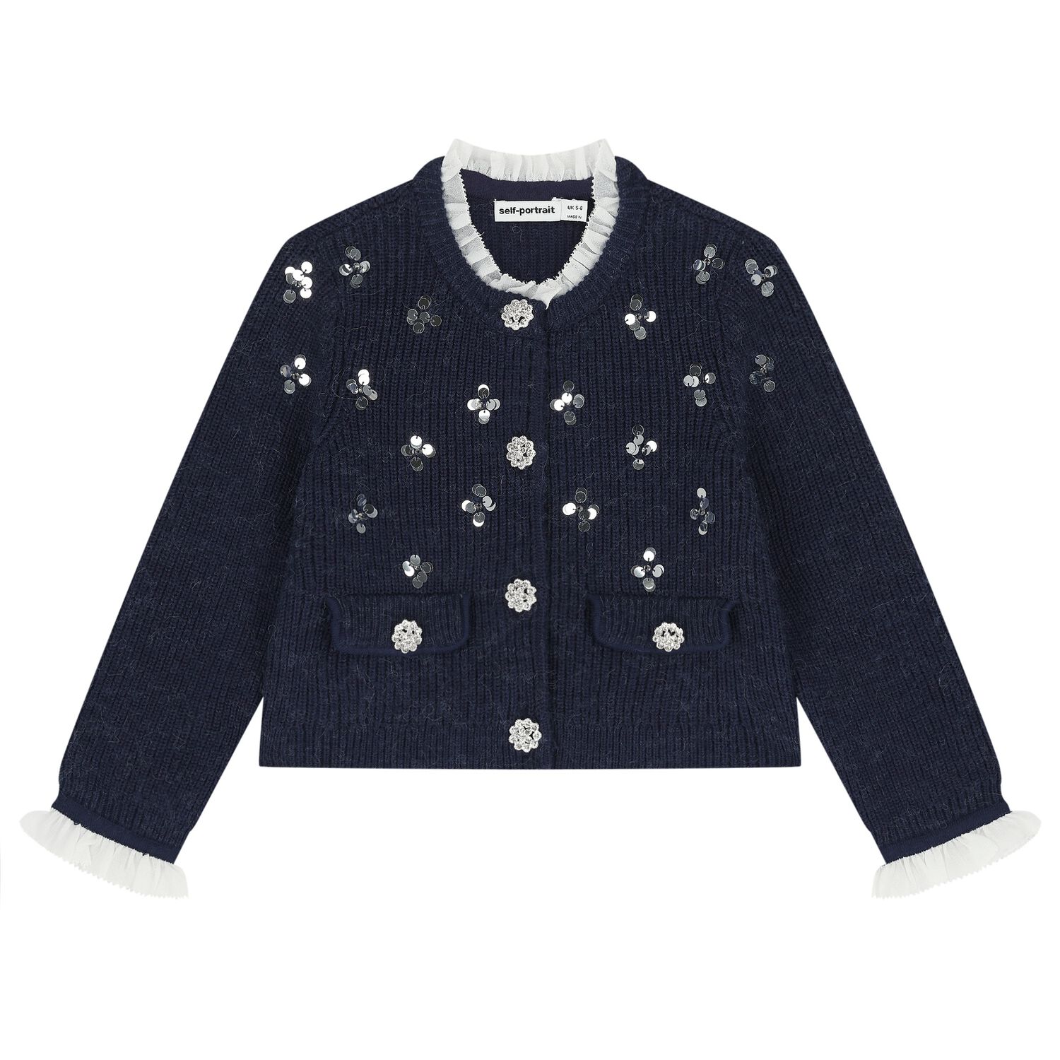 Girls Navy Blue Knitted Sequin Cardigan, 1, hi-res
