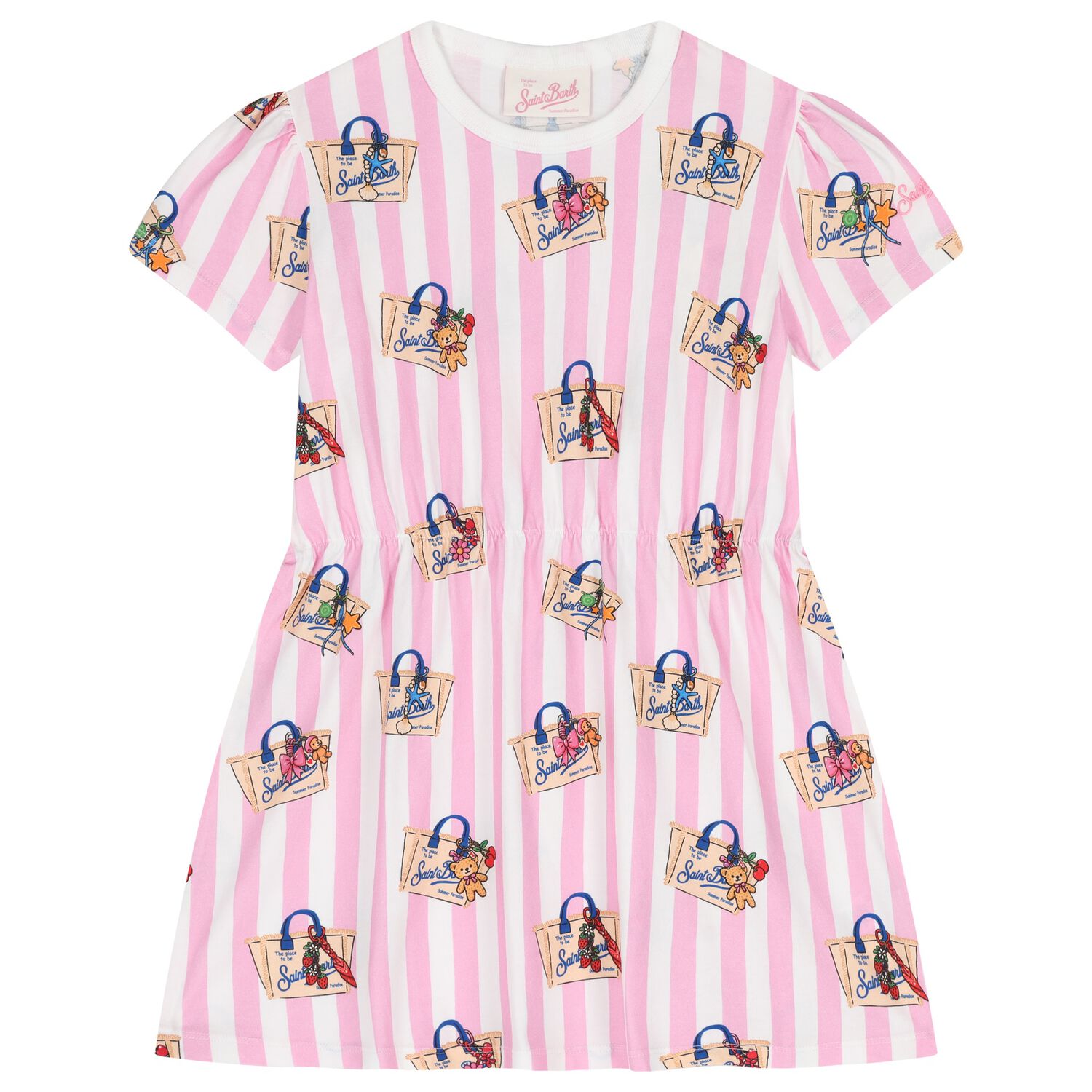 Girls White & Pink Striped Dress, 1, hi-res