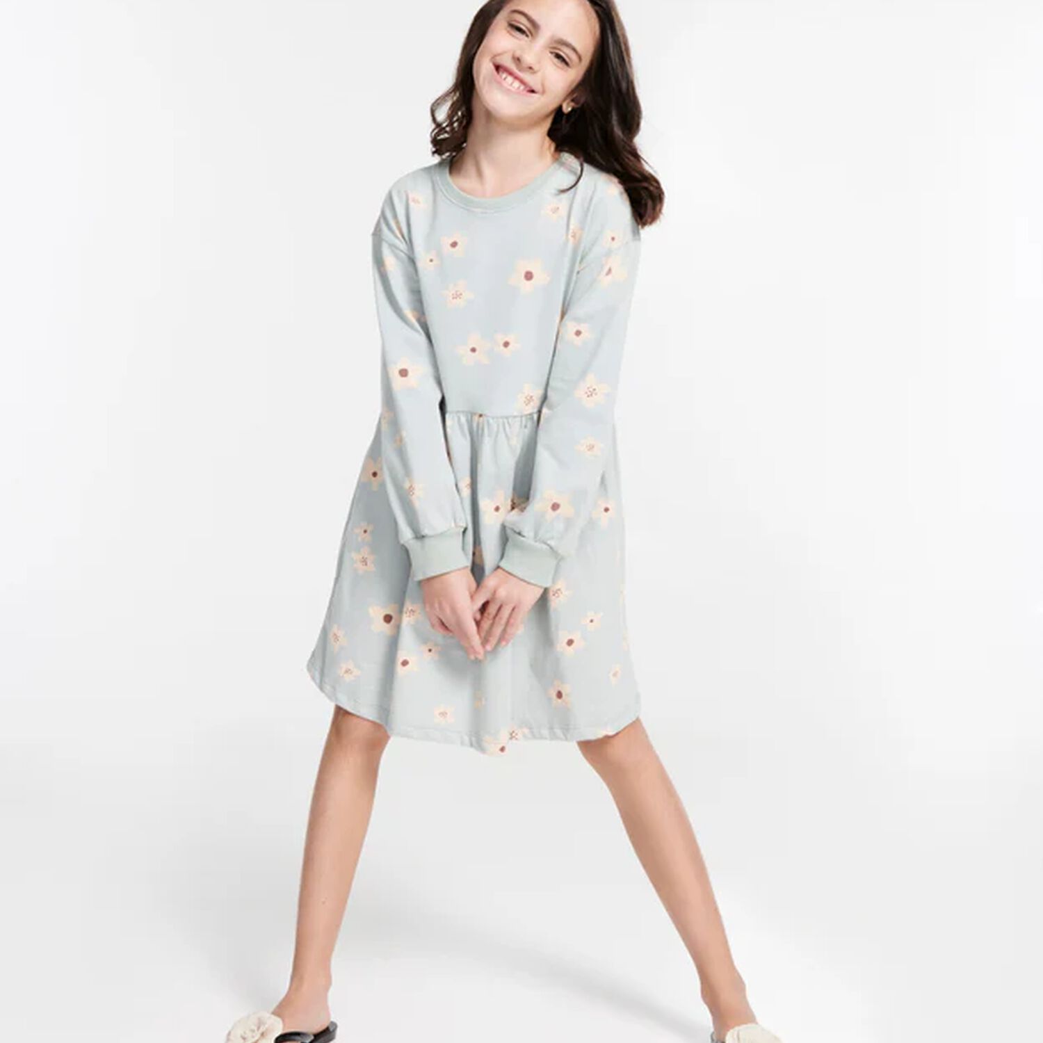 Girls Black & Beige Logo Flower Flip Flops, 2, hi-res