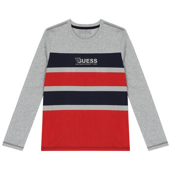 Boys Grey, Navy & Red Logo Long Sleeve Top