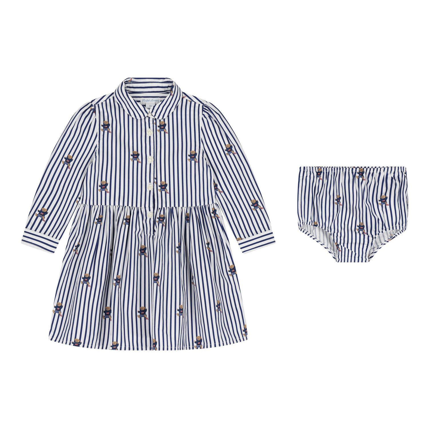 Baby Girls White & Blue Polo Bear Striped Dress Set, 1, hi-res