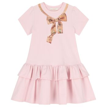 Girls Pink & Beige Bow Logo Dress