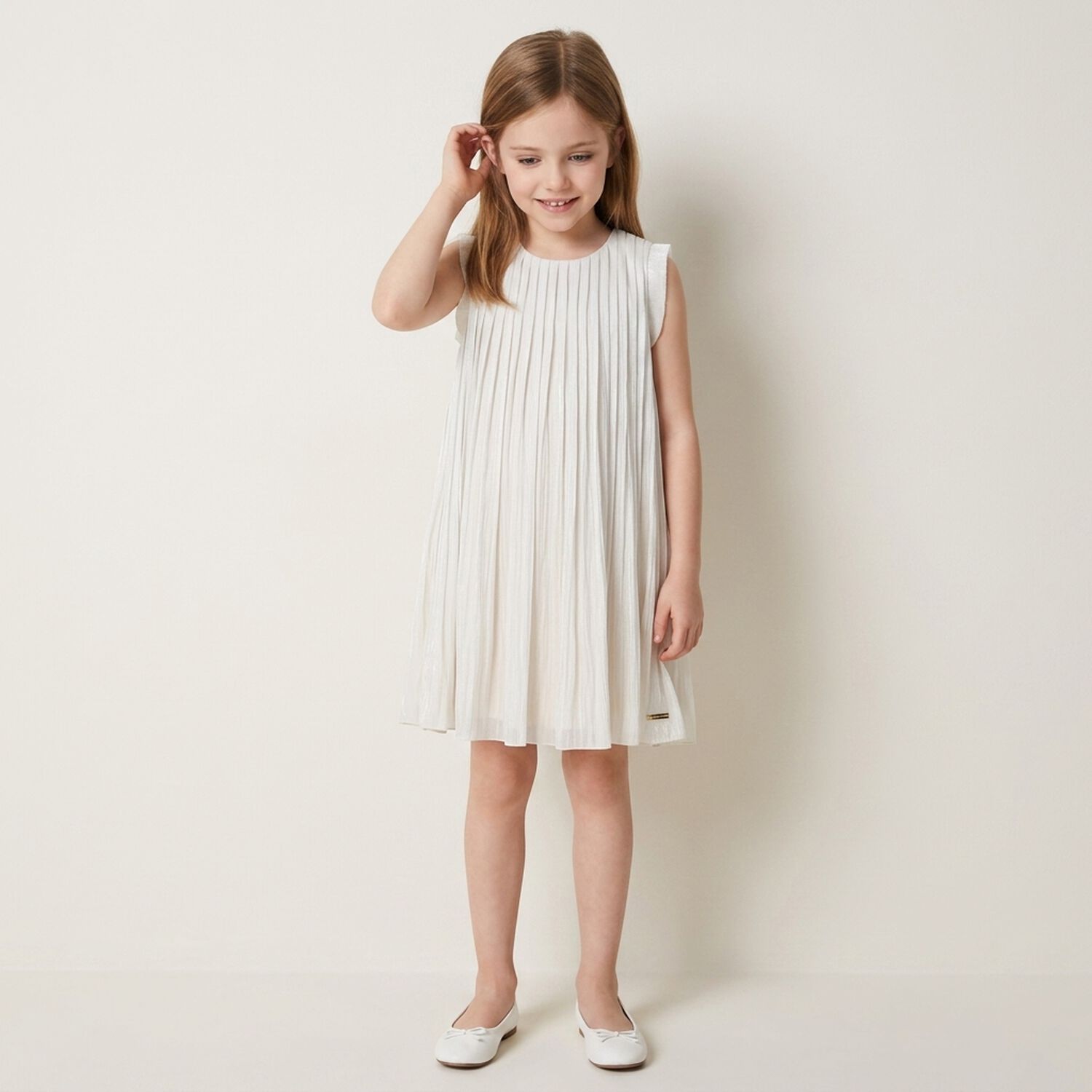 Girls Ivory Logo Pleated Dress, 1, hi-res