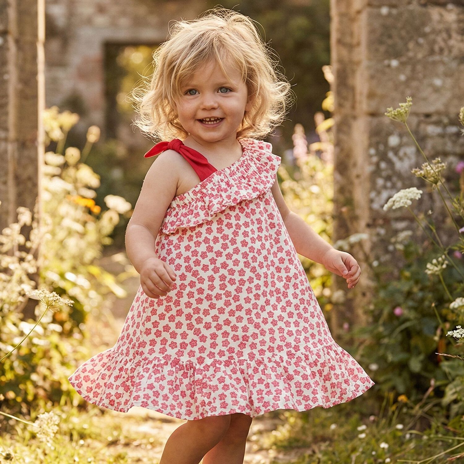 Younger Girls White & Red Star Dress, 1, hi-res