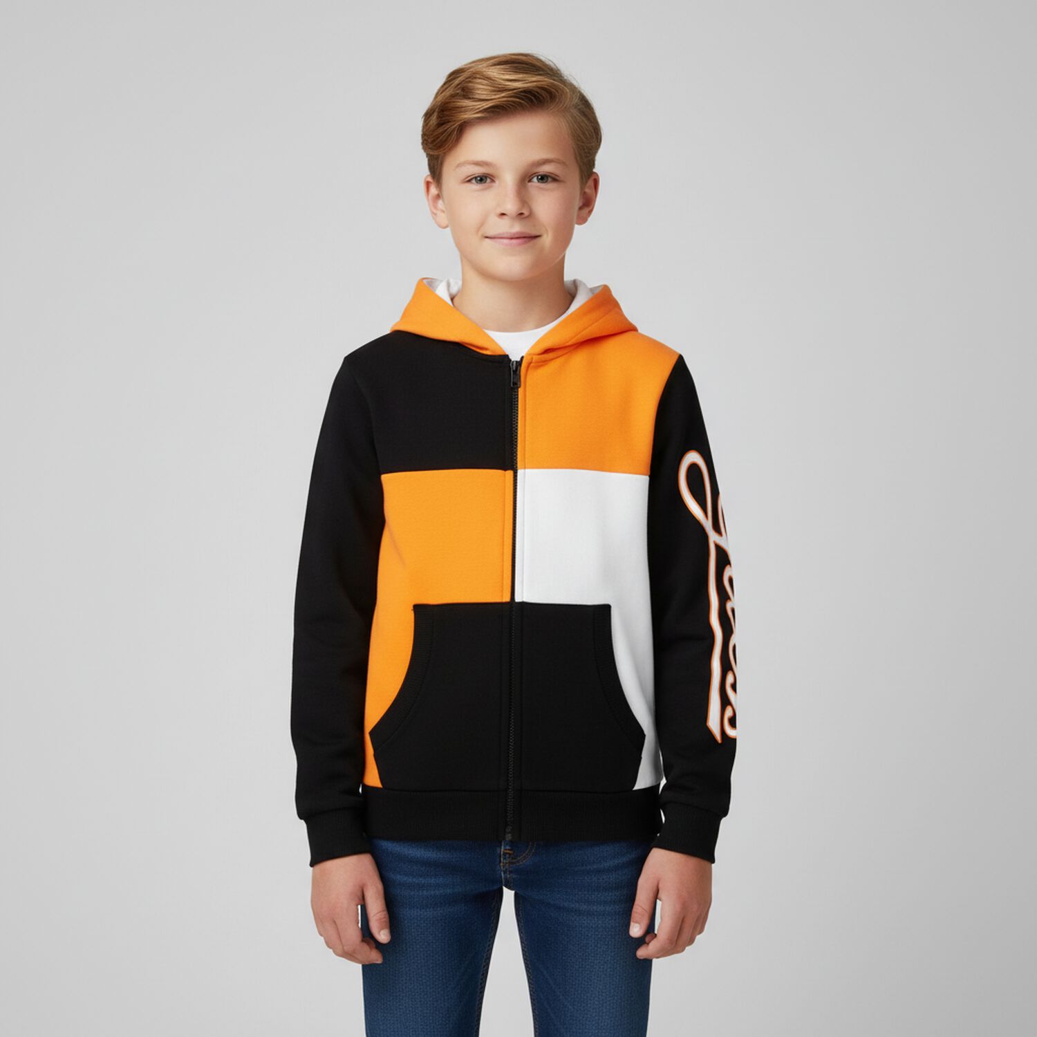 توب هودى أولاد بالشعار باللون الاسود, 1, hi-res