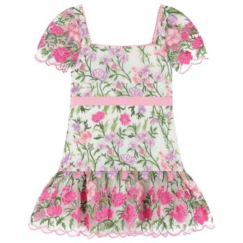 Girls White & Pink Embroidered Tulle Dress