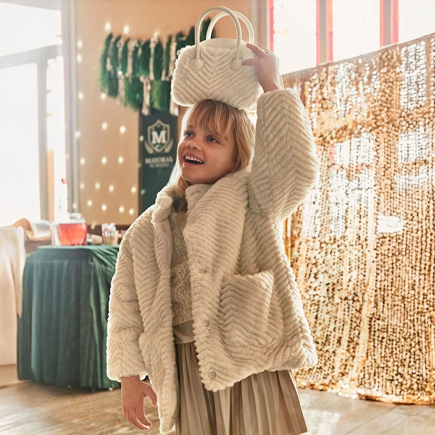 Girls Ivory Fur Coat, 1, hi-res