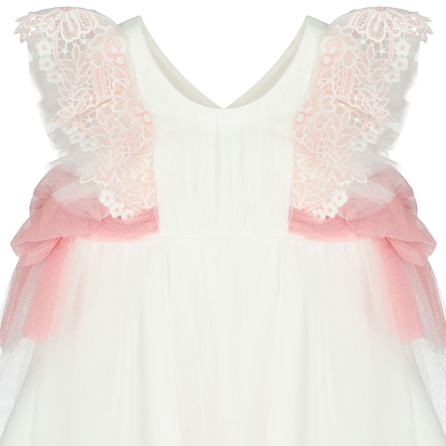 Younger Girls White & Pink Tulle Lace Dress, 1, hi-res