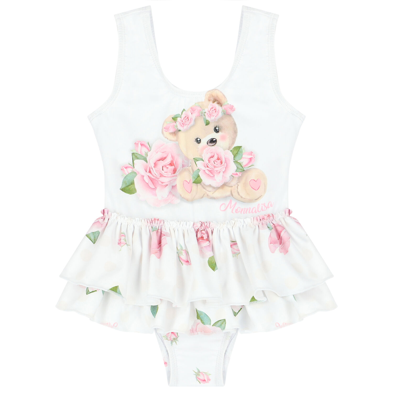Younger Girls White & Pink Roses & Bear Swimsuit, 1, hi-res