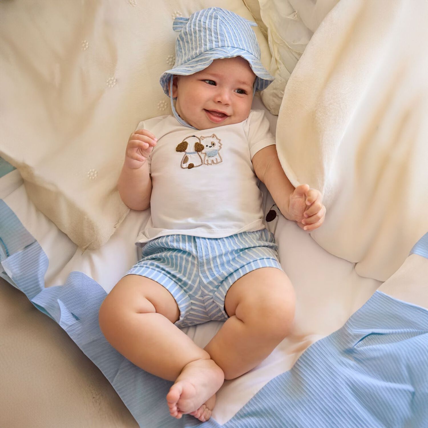 Baby Boys White & Blue  Striped Shorts & Hat Set , 1, hi-res
