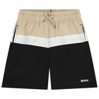 Boys Beige & Black Logo Swim Shorts, 1, hi-res