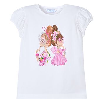 Girls White Puff-Sleeve T-Shirt